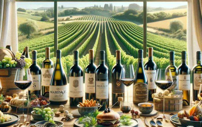 Dall·e 2024 05 20 20.59.48 A Highly Realistic Image Depicting A Sophisticated Wine Tasting Scene That Represents The Concept Of Maridaje (pairing) And Aging Of Wines. The Settin