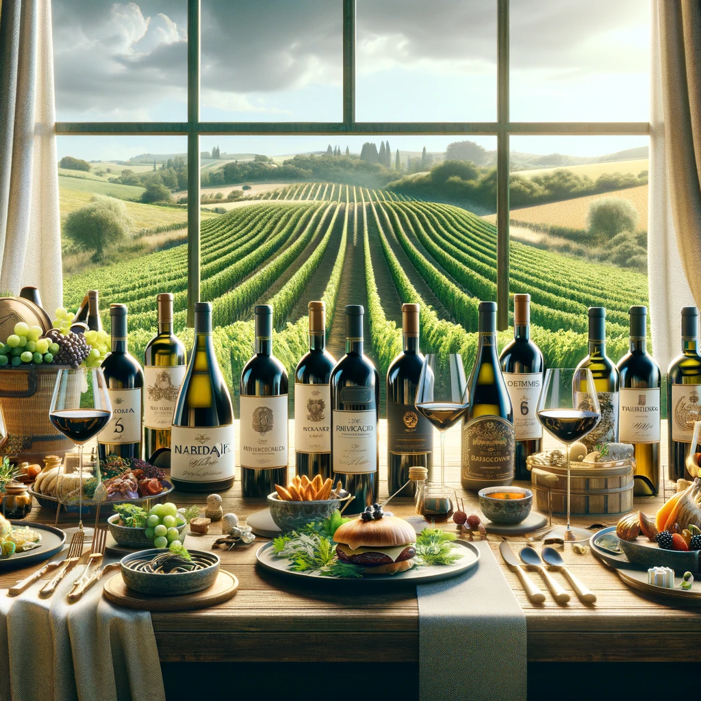 Dall·e 2024 05 20 20.59.48 A Highly Realistic Image Depicting A Sophisticated Wine Tasting Scene That Represents The Concept Of Maridaje (pairing) And Aging Of Wines. The Settin