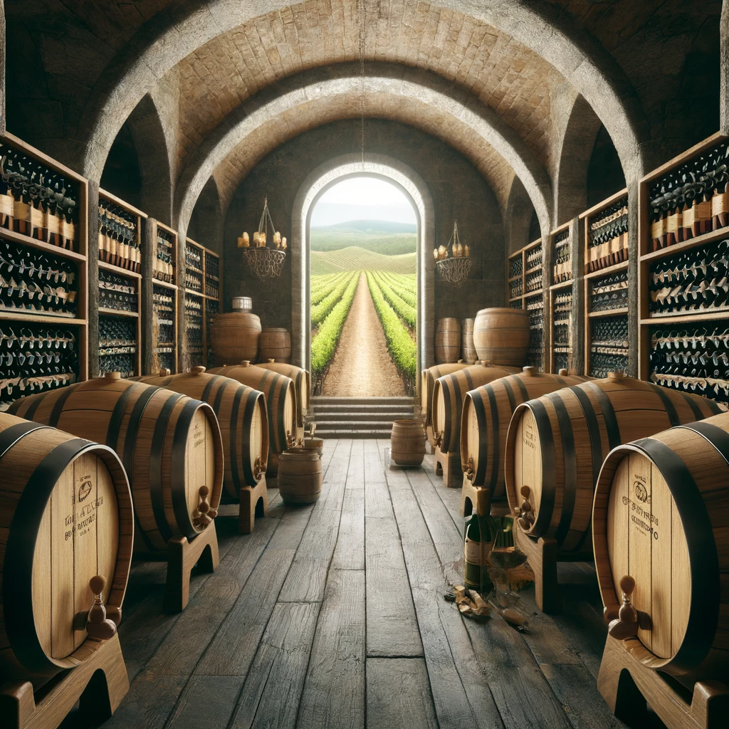 Dall·e 2024 05 20 21.01.28 A Highly Detailed And Realistic Image Depicting The Interior Of A Wine Cellar At Bodegas Peña Falcón, Focusing On Ribera Del Duero Wines. The Scene Sh